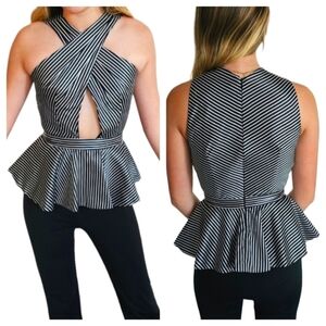 AMUR Black & White Striped Criss Cross Peplum Top